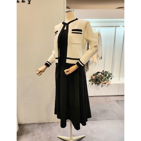 배색 니트 가디건 원피스 세트