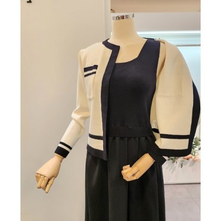 배색 니트 가디건 원피스 세트