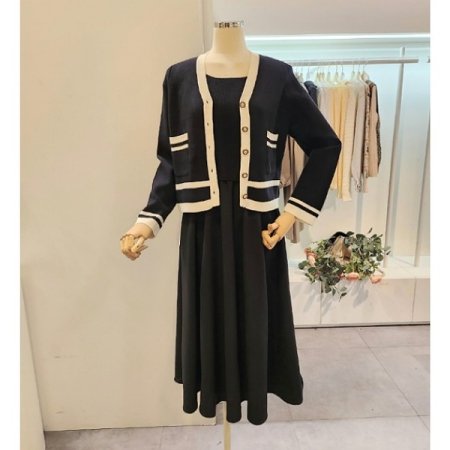 배색 니트 가디건 원피스 세트