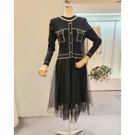 배색 니트 샤 원피스