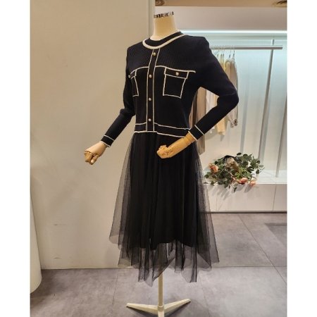 배색 니트 샤 원피스