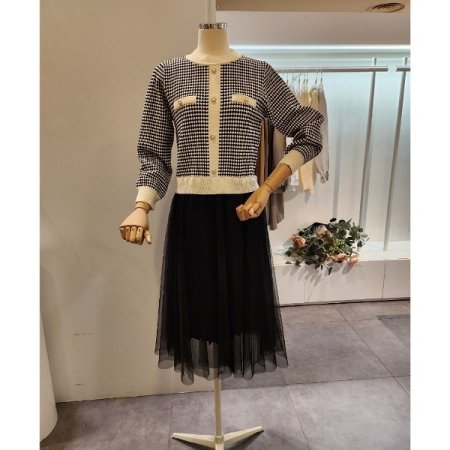 진주 니트 배색 샤 원피스