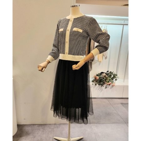 진주 니트 배색 샤 원피스