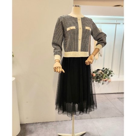 진주 니트 배색 샤 원피스