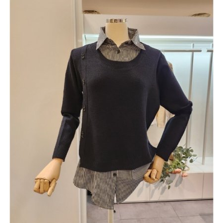 단추장식 셔츠배색 니트