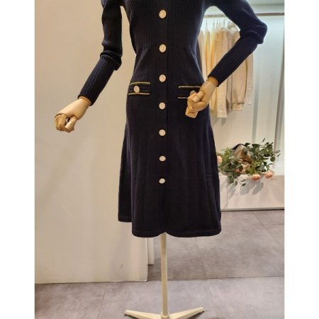 버튼 브이넥 골지 니트 원피스