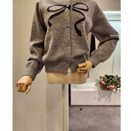 리본자수 라운드넥 가디건