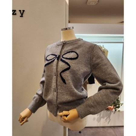 리본자수 라운드넥 가디건