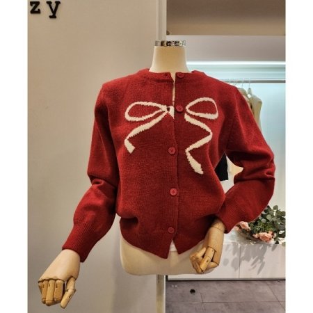 리본자수 라운드넥 가디건