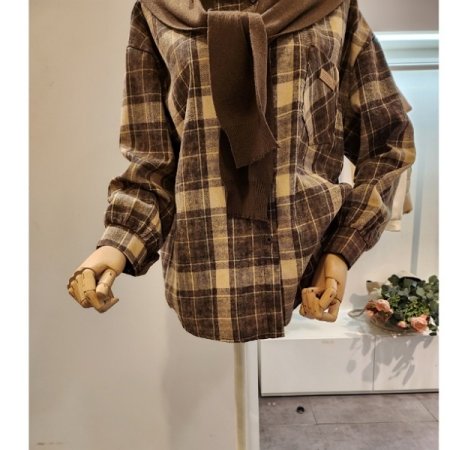 니트 숄 체크 셔츠