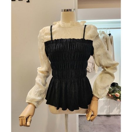 벨벳 스모크 셔링 블라우스