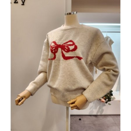 레드 리본 자수 니트