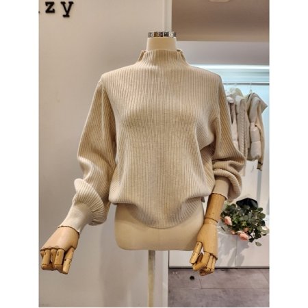 반폴라 퍼프소매 골지 니트