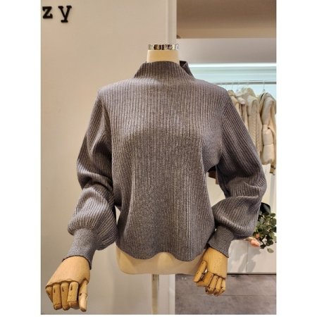 반폴라 퍼프소매 골지 니트