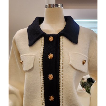 카라 배색 금단추 니트 자켓