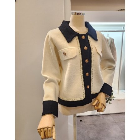 카라 배색 금단추 니트 자켓