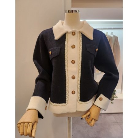 카라 배색 금단추 니트 자켓