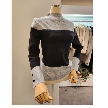 소매 장식 배색 반목 니트