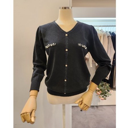 진주 페이크포켓 브이넥 니트