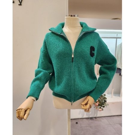 로고 하이넥 골지 집업 가디건