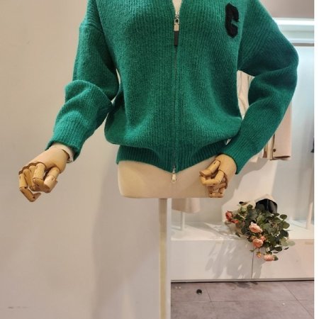 로고 하이넥 골지 집업 가디건