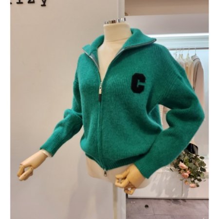 로고 하이넥 골지 집업 가디건