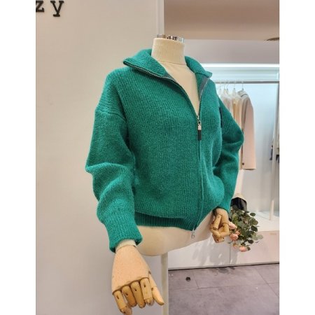 로고 하이넥 골지 집업 가디건