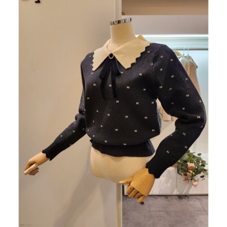 리본브로치 카라배색 니트