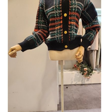 골드단추 체크 가디건