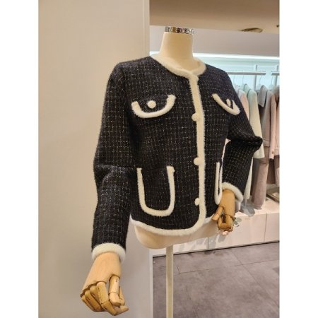 배색 양포켓 패턴 니트자켓