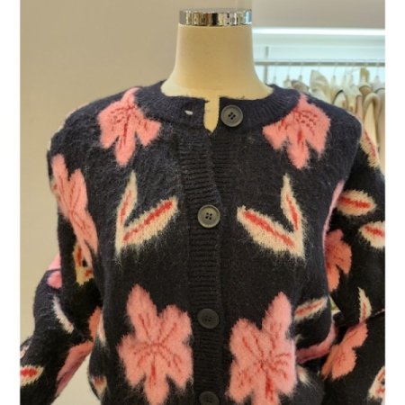 핑크 플라워 라운드넥 가디건