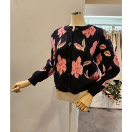 핑크 플라워 라운드넥 가디건