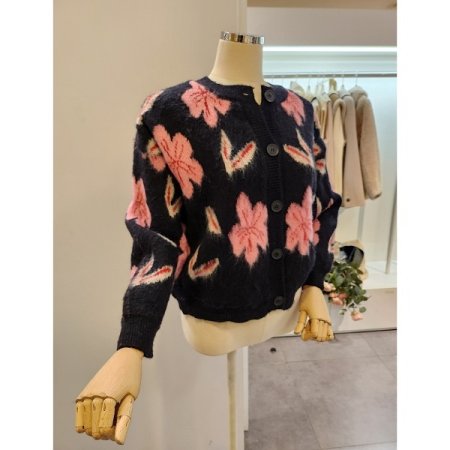 핑크 플라워 라운드넥 가디건