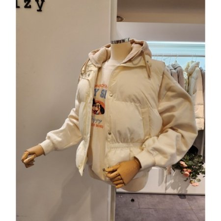 니트 후드 밴드디테일 패딩 조끼