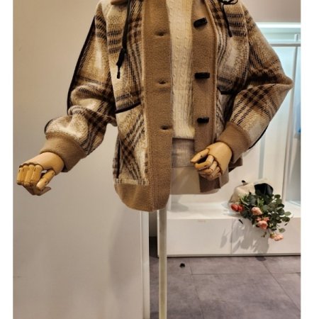 후드 체크패턴 니트 자켓