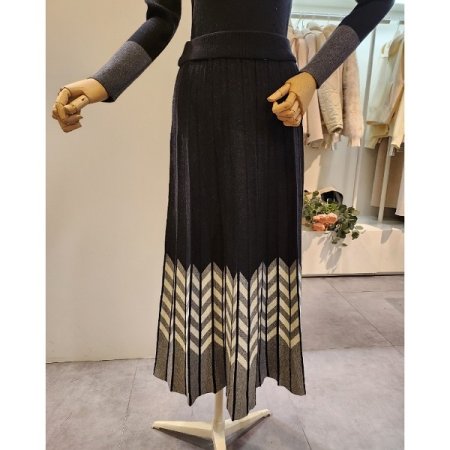 패턴 배색 밴딩 주름 니트 스커트