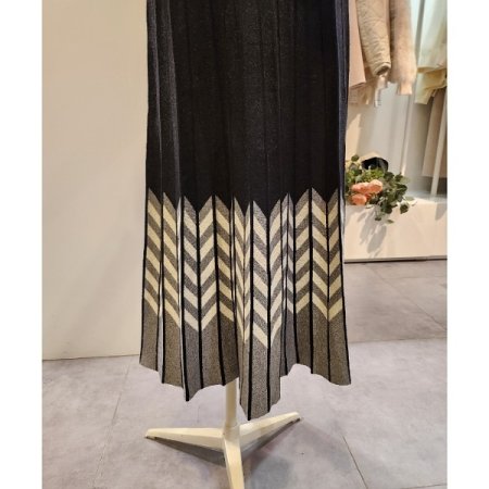 패턴 배색 밴딩 주름 니트 스커트