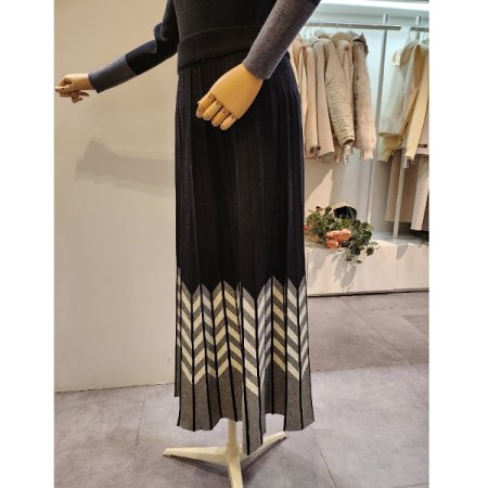 패턴 배색 밴딩 주름 니트 스커트