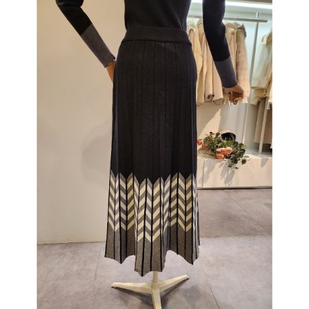 패턴 배색 밴딩 주름 니트 스커트