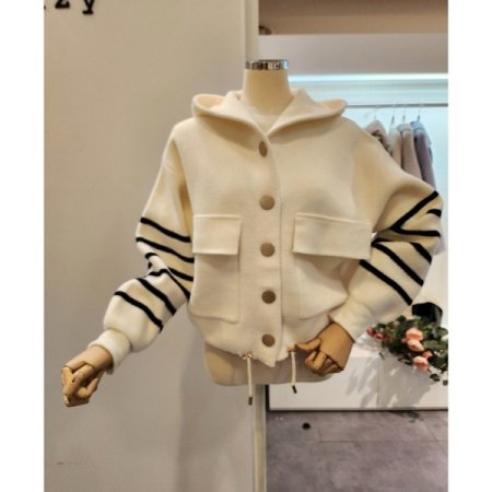 후드넥 버튼 양포켓 스트링 니트자켓