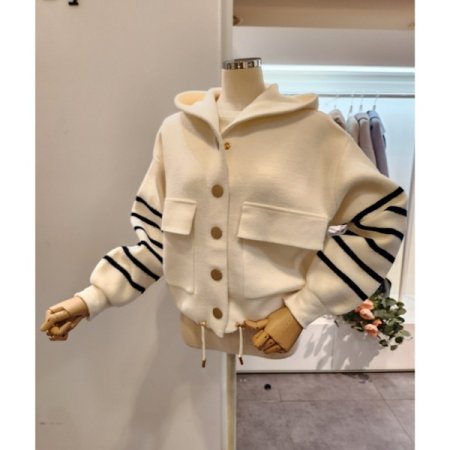 후드넥 버튼 양포켓 스트링 니트자켓