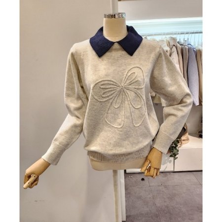 카라 배색 리본 니트