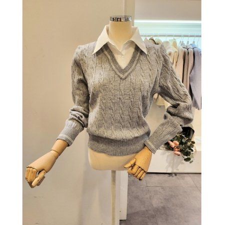 카라 셔츠 배색 짜임 니트