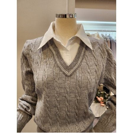 카라 셔츠 배색 짜임 니트