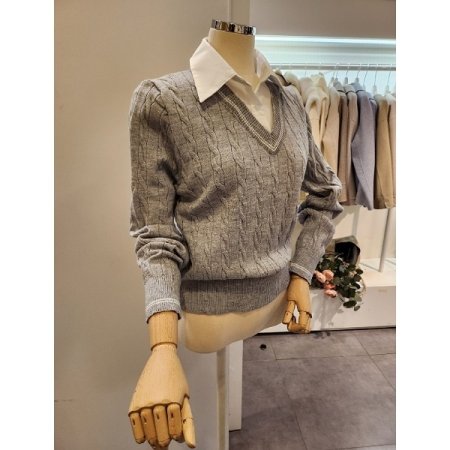 카라 셔츠 배색 짜임 니트