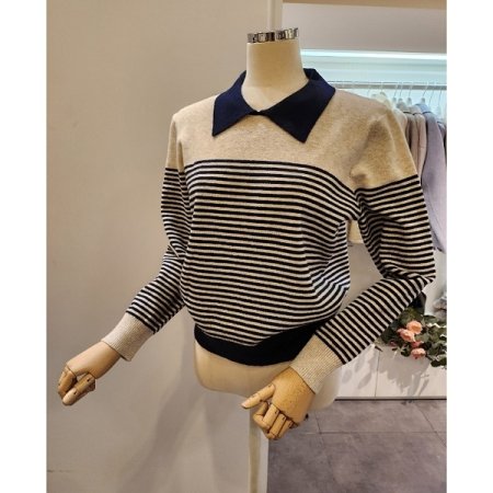 카라 배색 줄무늬 니트