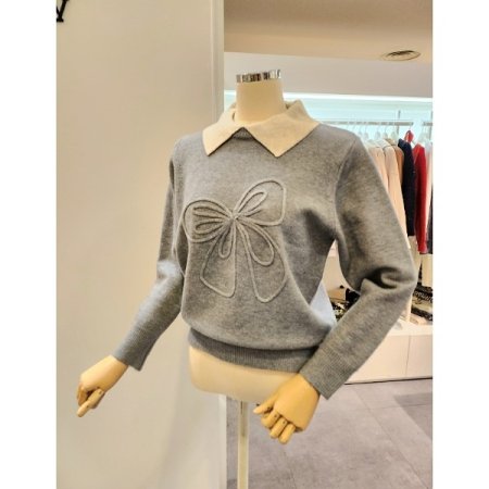 리본자수 카라 배색 니트