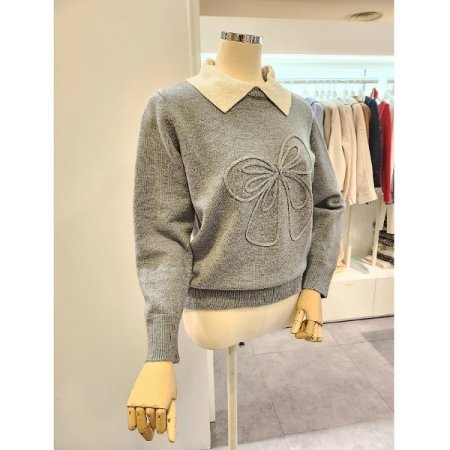 리본자수 카라 배색 니트