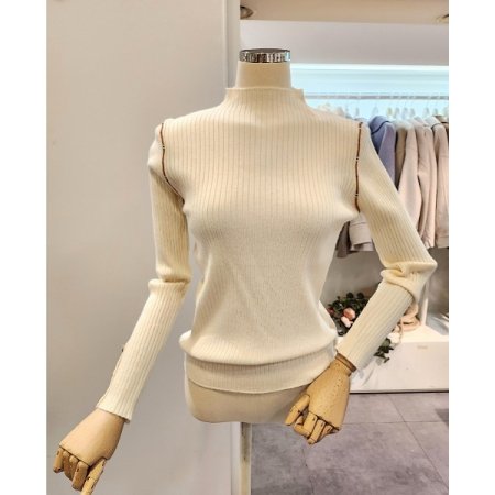 소매 금장버튼 반폴라 골지 니트