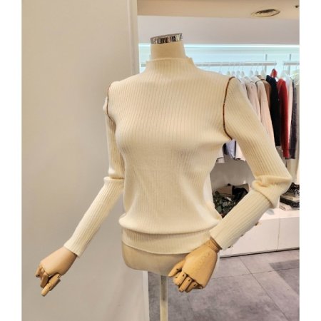 소매 금장버튼 반폴라 골지 니트